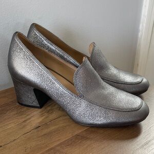 Women's Silver Block Heel Loafers
